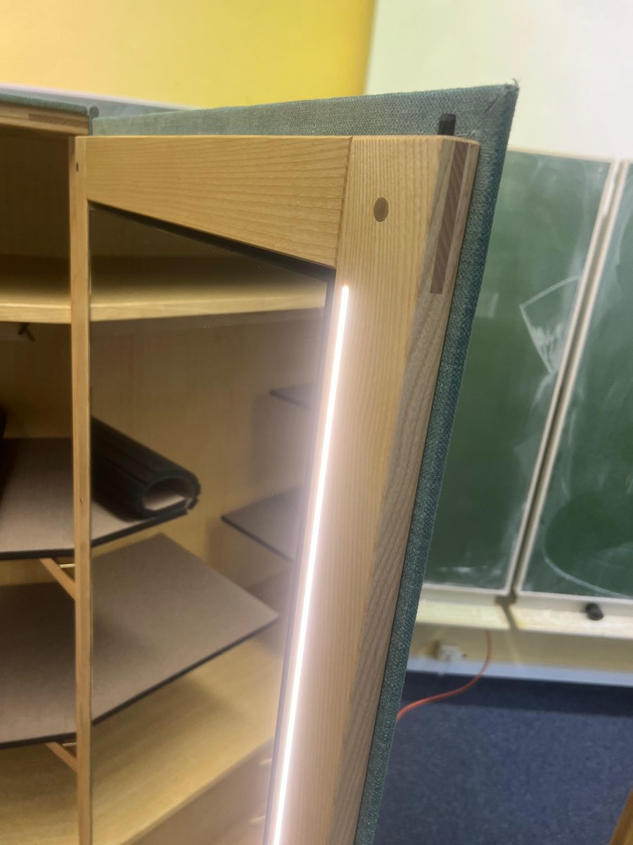 Innenleben des Schranks mit Eschenholz-Böden und LED